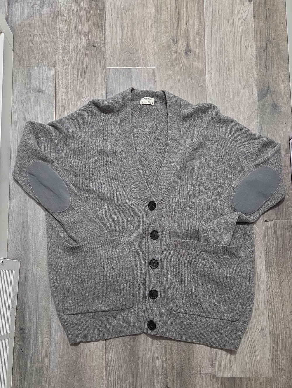 Acne Gray V-Neck Button Cardigan with Elbow Patches